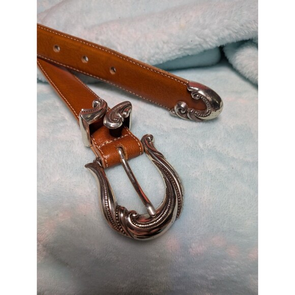 Coldwater Creek Leather Western Belt Intricate Buckle Silver Tan Brown Sz L 41 - Picture 1 of 5